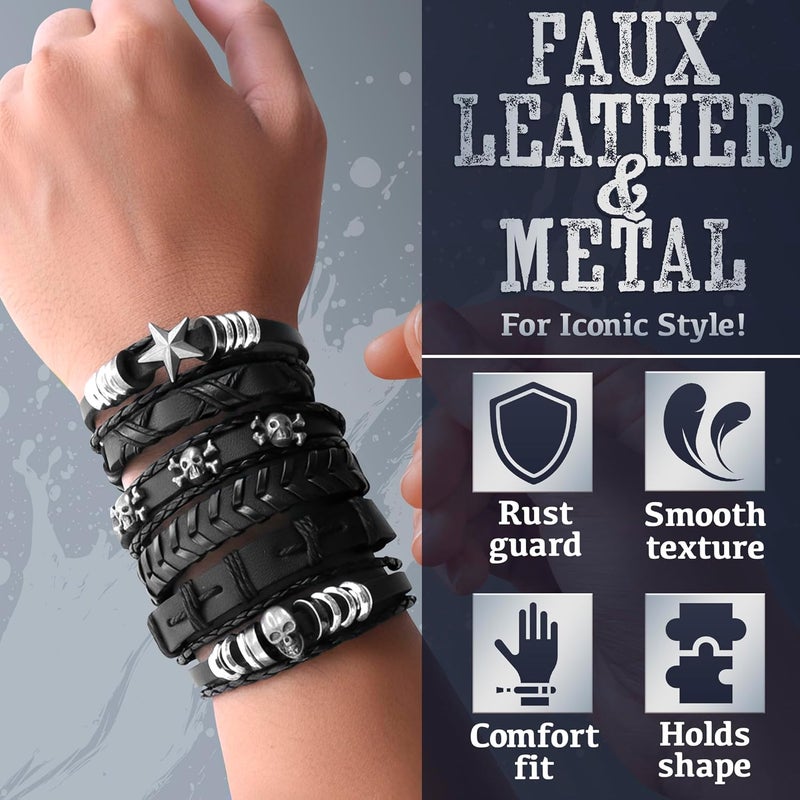 Evrblock Emo Bracelets – 6 Pcs Black Skull Emo Jewelry – Durable Leather Gothic Jewelry and Grunge Bracelets | Adjustable 7"-11" & Comfortable Fit - Image 3
